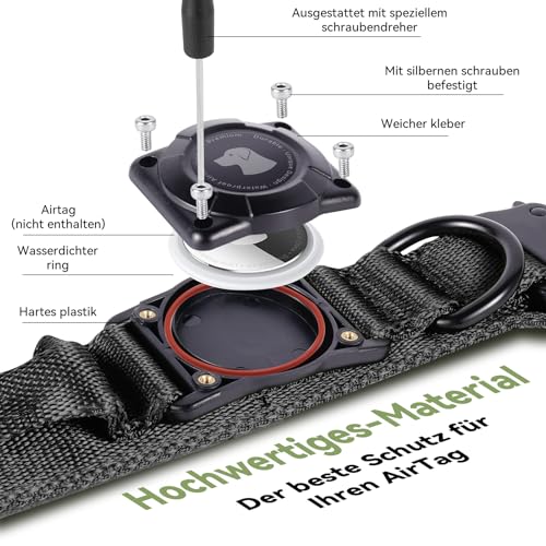 JIARUI Taktisches Hundehalsband mit Griff, Wasserdichter Airtag Hundehalsband, Dickes Verstellbares Halsband Hund mit Gepolstert, Metallschnalle für Mittlere Große Hunde (Schwarz, M(15'-18.5'))