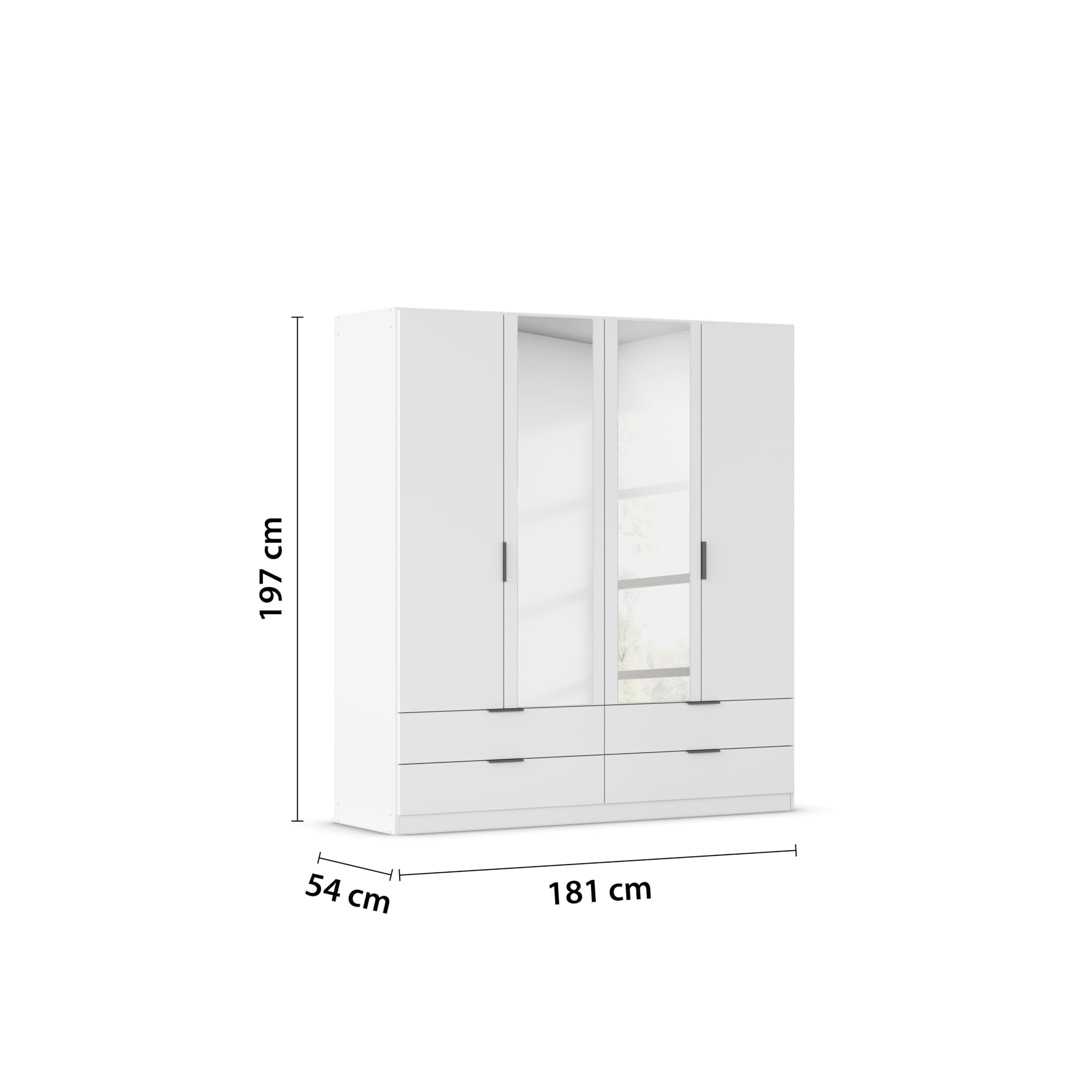 Rauch Möbel LAGOA, Kleiderschrank, Farbe Weiß, Breite 181 cm | Schrank, 4-türig, Spiegel, 4 Schubladen, Zubehör Basic, für Schlafzimmer, Kinderzimmer, Babyzimmer, Garderobe