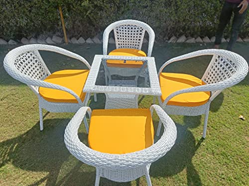 Image of Anaya Decor D-8 Chairs Table Set 4+1 Wicker Patio Furniture Sets 4 Chair and 1 Table with Cushions for Garden Balcony Bedroom Powder Coated Frame Uv Protected Wicker (Off White+Yellow)