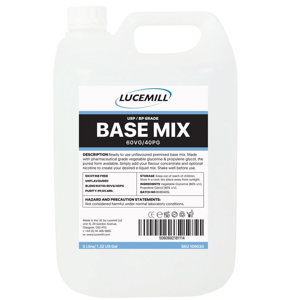 Lucemill60VG/40PG Premixed Liquid | 5 Litre | High Purity USP/EP Grade | Smooth, Balanced 60/40 Glycerine Glycol Blend for Pharmaceutical & Food Applications