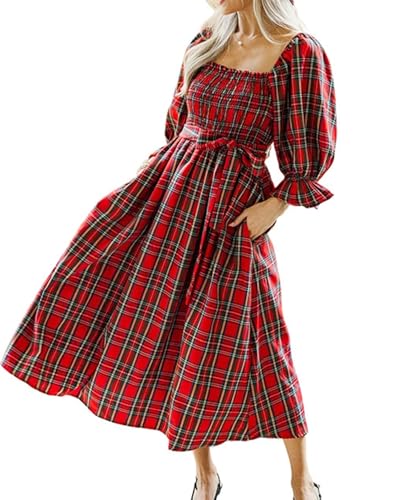 Alaurbeauty Weihnachtliches Maxikleid mit Karomuster für Damen Langes, fließendes Kleid mit Puffärmeln und Smokdetails Kleid mit Schleife und...