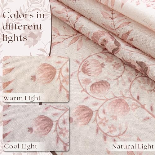 Image of Pink Linen Floral Pattern 96 Inch Curtains 2 Panel Set for Living Room | Semi Sheer, Light Filtering, Window Curtains, Blush Flower, Plant Leaf Print, Vintage, Boho, Drapes for Bedroom , Nursery