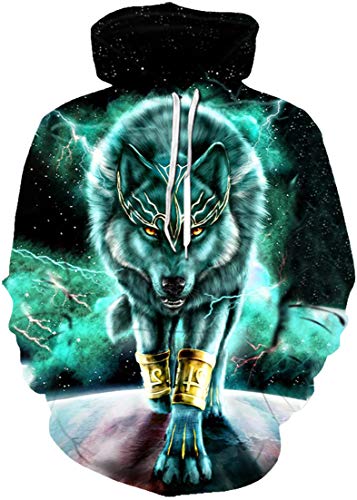Pandolah Men's Realistic 3D Print Pullover Hooded Sweatshirt Hoodies with Big Pockets (Metal Wolf-2, Large - X-Large)