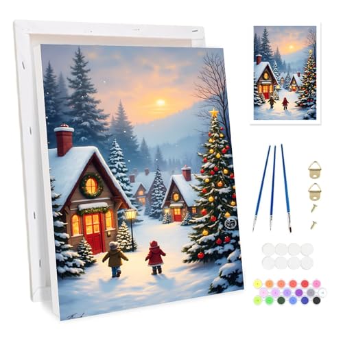 Bowetile Capanne e Albero di Natale Dipingere per Numeri per Adulti, Kit Paesaggio Lavoretti Creativi per Numeri per Principianti, Kit Pittura Acrilica Numerata Per Decorazione Della Casa 20x30cm