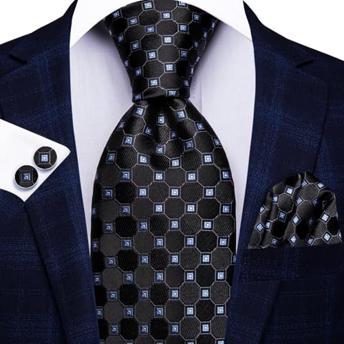 Image of Dubulle Mens Paisley Floral Silk Tie for Men Black Blue Striped Necktie and Pocket Square Cufflinks Set Wedding Business