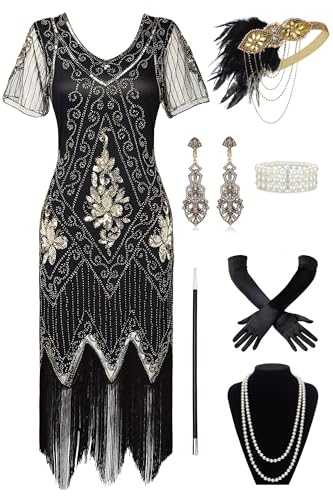 BABEYOND 1920s Flapper Kleid Mit Kurzem Ärmel - Gatsby Motto Party Damen Kostüm Set (SchwarzGold, XXXL)