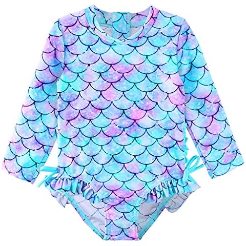 XFGIRLS One Piece Swimsuit Long Sleeve Anti-UV Swimsuit for Girls newborn to 11 Years, Gishscalegreen, 3-4 Years Cover