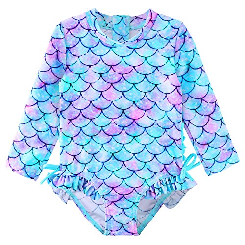XFGIRLS Maillot de Bain Une pièce à Manches Longues Anti-UV pour Fille,2-3 ans,Gishscalegreen Cover