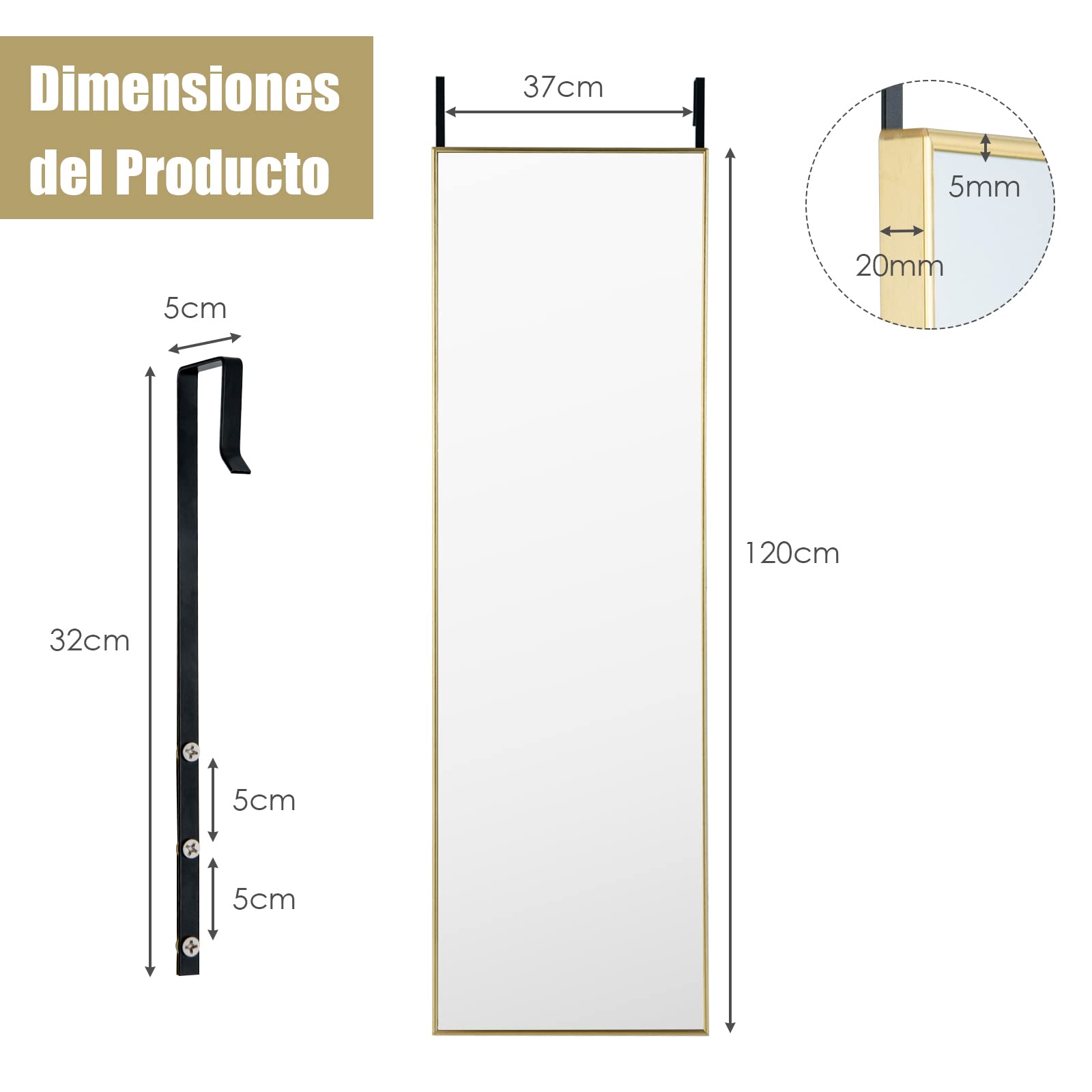 COSTWAY Espejo sobre Puerta de 120 x 37 cm, Espejo con Marco de Aleación de Aluminio y Cristal Irrompible, Espejo Colgante o de Pared con Ganchos para Armario, Dormitorio y Salón (Dorado)