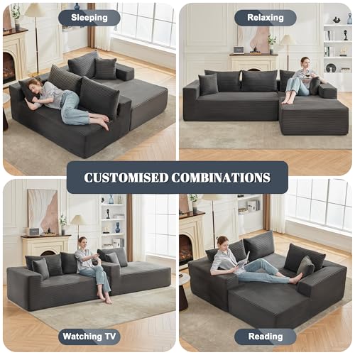 110” Cloud Sectional Couch, Boneless Sofa for Living Room, Modular Sectional Sofa with Deep Seat, Fluffy Couch with L-Shaped Chaise, No Assembly Required (Right-Facing Chaise, Dark Grey)