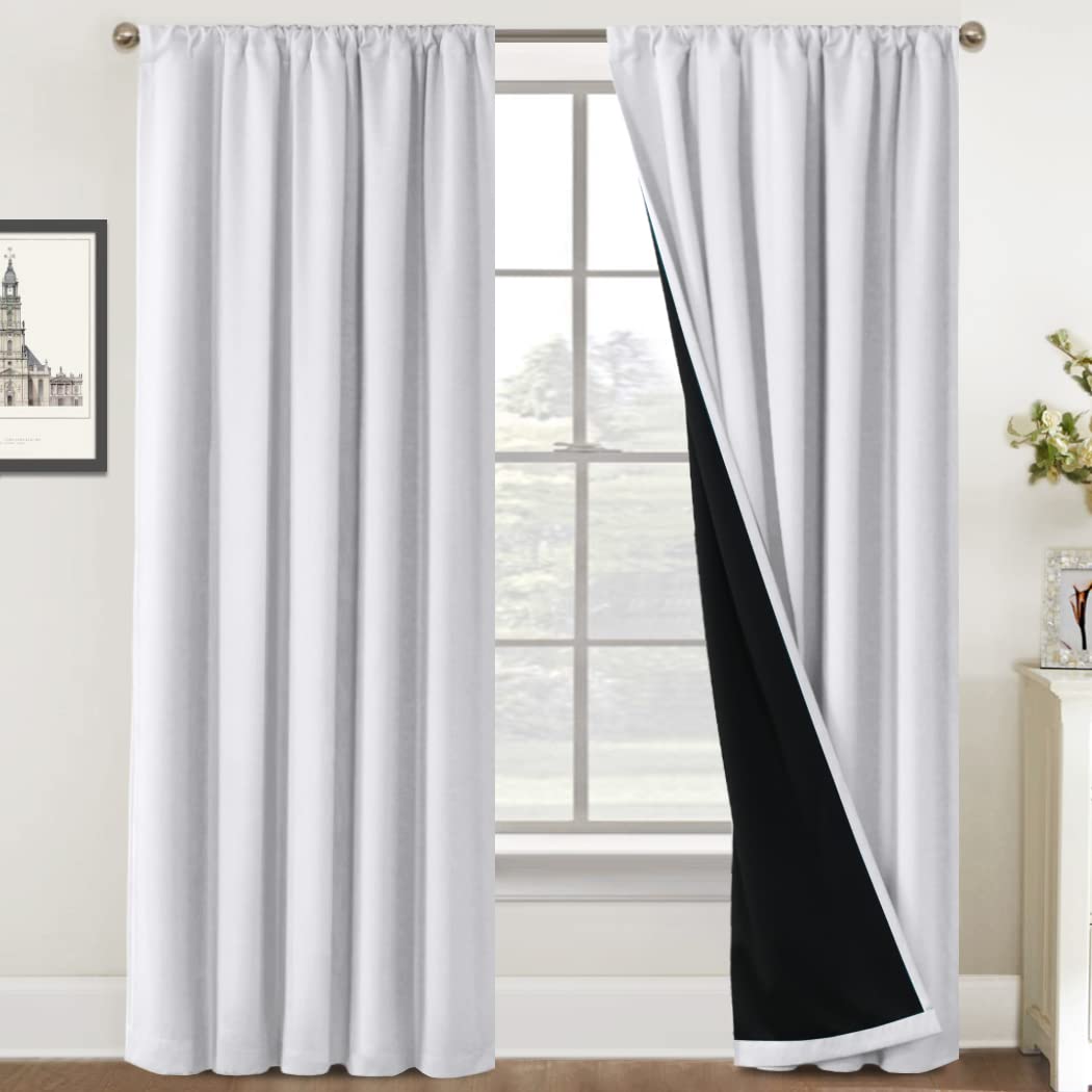 100% Blackout Curtains Thermal Insulated Full Blackout Curtains for Bedroom 84 Inches Long Energy Efficiency Rod Pocket Curtains for Living Room with Black Liner, Greyish White, 52 x 84 Inch, 2 Panels