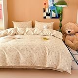 LIWHENHAO Rabbit Duvet Cover Set Queen 100% Cotton Bedding White Bunny Red Flower on Beige 1 Cartoon Kawaii Animal Pet Comforter Cover Full Zipper Closure 2 Pillowcases for Kids Girls Boys Woman