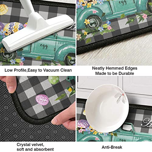 Easter Kitchen Rugs Set Of 2, Buffalo Plaid Bunny Truck Easter Egg Pattern Non-Slip Cozy Washable Floor Mats, Rubber Backed Waterproof Mats For Kitchen Sink Front Set Of 2, 17X30+17X47 Inches #TOP6
