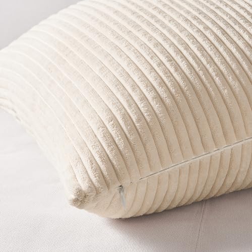 Image of Topfinel 4 Packs Neutral Decorative Throw Pillows Covers 12x12 Inch for Living Room Couch Bed Sofa, Rustic Farmhouse Boho Neutral Home Decor, Soft Plush Striped Corduroy Square Cushion Case 30x30 cm