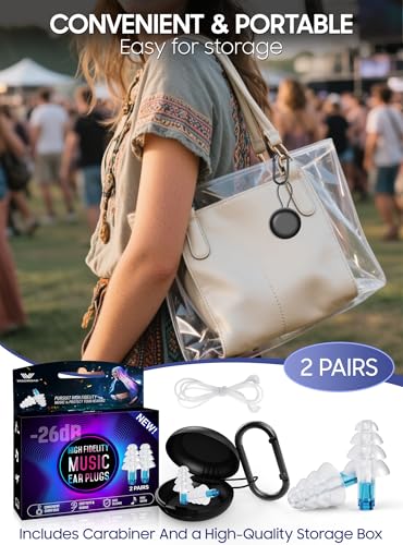 Image of Concert Ear Plugs, 2 Pairs Adults Soft Silicone Reusable High Fidelity Musician Earplugs 26dB, with Silicone Connector Cord, Ear Protection Earplugs for Rave, Festival, Music,Tinnitus Relief