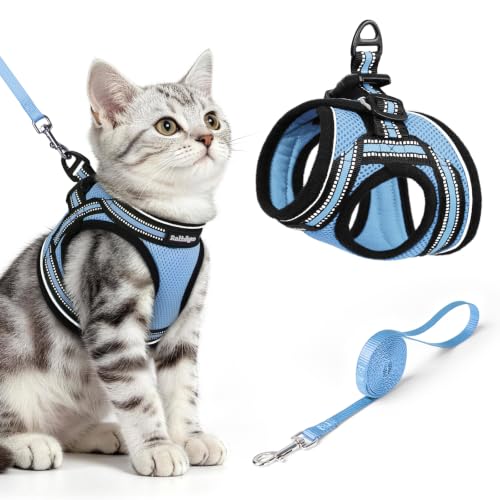 Image of rabbitgoo Cat Harness and Leash Set, Step-in Soft Vest, Light Blue | Escape Proof, Lightweight, Easy-on & Adjustable, Hook & Loop with Buckle, Reflective, for Kittens & Small Cats Walks, M