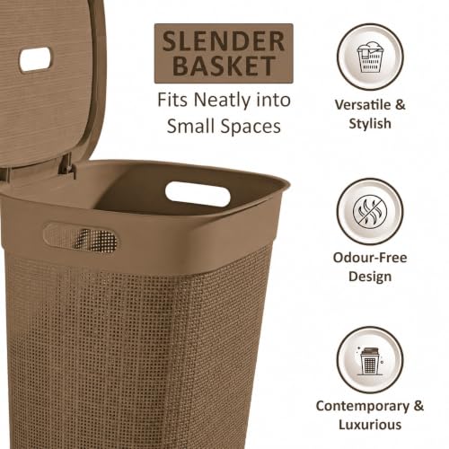 Image of KITCHIVO Plastic Large 55 Ltr Laundry Basket with Lid & Handle | Multipurpose Hamper Bins Storing Washable Clothes, Blankets | Household Ideal for Home & Bathroom (Woods Light Brown)