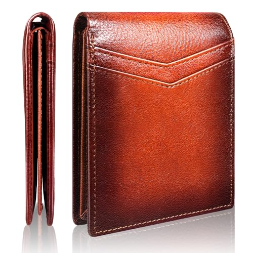 Slim Leather Men's Wallet with Front Pocket RFID Blocking Bifold Minimalist Wallets with Flip 2 ID window, gift for men