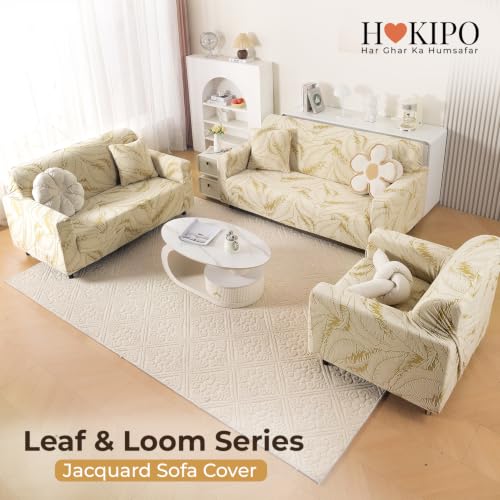 Image of HOKIPO Leaf & Loom Stretch Sofa Cover 1 Seater, Golden Beige