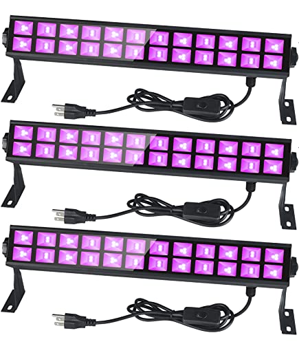 Upgraded 60W Black Light Bar, Premium LED Blacklight Flood Light with Plug+Swicth+5ft Cord, 385-400nm Glow in The Dark Party Supply for Fluorescent Stage Lighting Game Room Body Paint Poster, 3 Pack