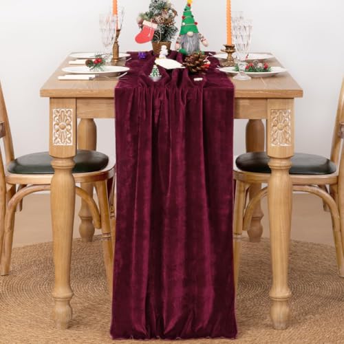Image of MLMC Velvet Table Runner 10ft Luxury Velvet Fabric Elegant Table Decorations 20x120 Inches for Wedding Anniversary Romantic Dinner Holiday Kitchen and Dining Table Decor, Burgundy Red