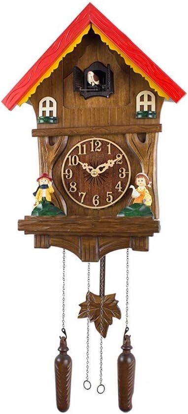 Cuckoo Clock with Musik Colorful House Solid Wood Carved Cuckoo Battery Clock