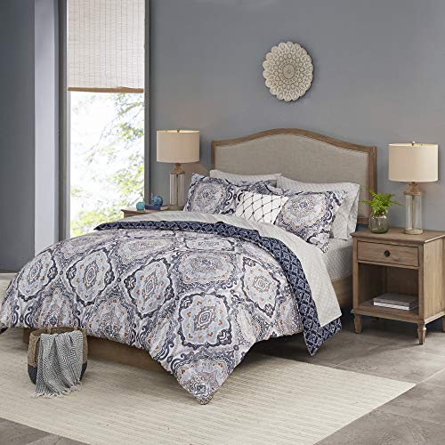 Madison Park Essentials Titus Bed in A Bag Reversible Comforter with Complete Sheet Set, Casual Medallion Damask Print, All Season Cover, Decorative Pillow, Queen(90