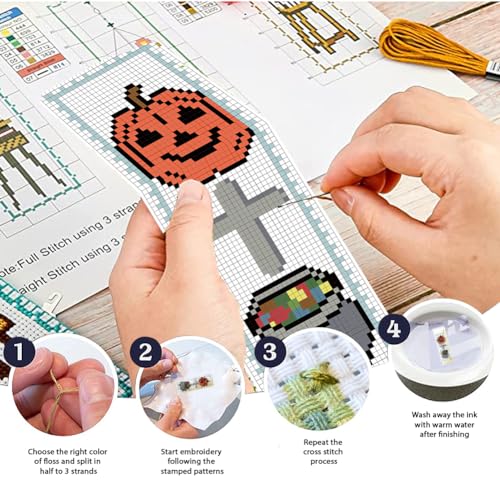 Image of FREEBLOSS 6 Set Cross Stitch Bookmark Kit Halloween Embroidery Bookmarks Stamped Embroidery Bookmark with Instruction Counted Cross Stitch Kit for Gift Adults 8''x2.4''