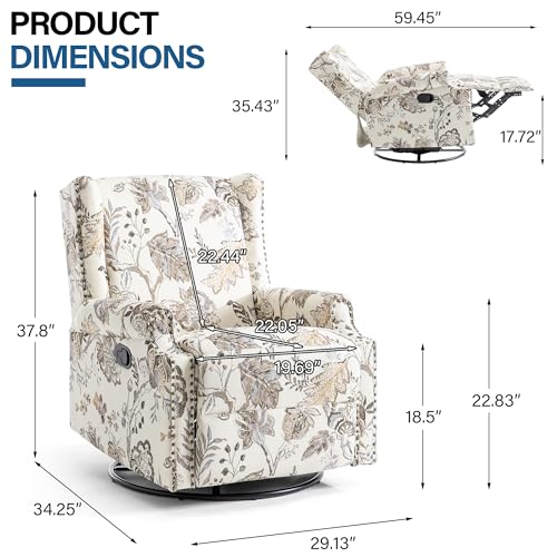 Image of Swivel Rocker Recliner Chairs Set of 2, 360 Swivel Wingback Recliner Chairs for Adults, Upholstered Printed Fabric Glider Rocking Chair with High Back, Deep Seat for Living Romm Bedroom, Plants Beige