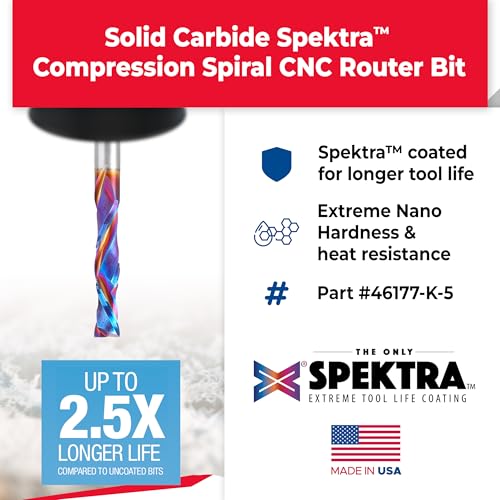 Image of Amana Tool Spektra Extreme Tool Life Solid Carbide CNC Compression Spiral Router Bit, 46177-K-5 5 Pack, 1 /4 D x 1-1 /4 CH x 1 /4 Shk x 3 Inch L 2 Fl