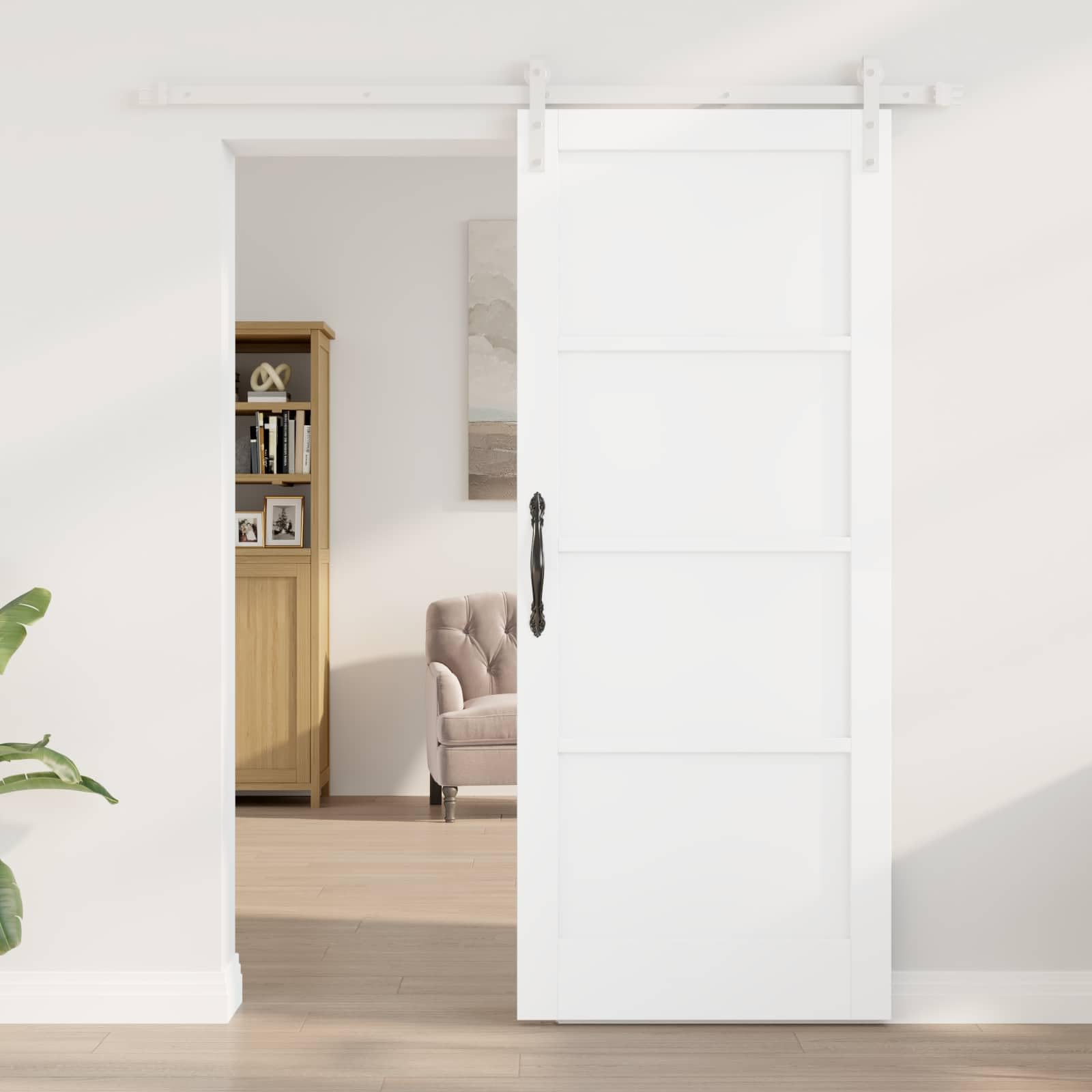 Puerta corredera blanca de madera de pino maciza, 83 x 202 cm, ahorra espacio, con riel de acero pulverizado y sistema de deslizamiento suave, ideal para interiores y viviendas modernas