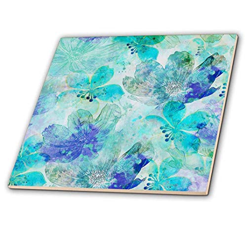 3Drose Ct_263013_2 Mixed Media Art Abstract Flower Patter Turquoise Blue Ceramic Tiles, 6" #TOP22