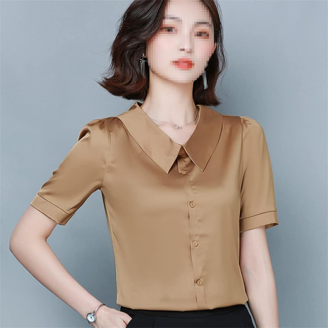 Camisa de Trabajo de Oficina de Verano para Mujer, Camisa de Seda Satinada con Cuello en V de Manga Corta para Mujer, Blusa, Tops