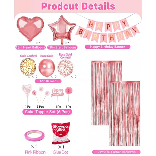 Image of Party Propz Rose Gold Birthday Decoration Kit for Girls - 45Pcs Happy Birthday Banner & Rose Gold Balloons for Decoration, Rosegold Foil Curtain & Swirls, Cake Toppers For Cake Decoration (Cardstock)