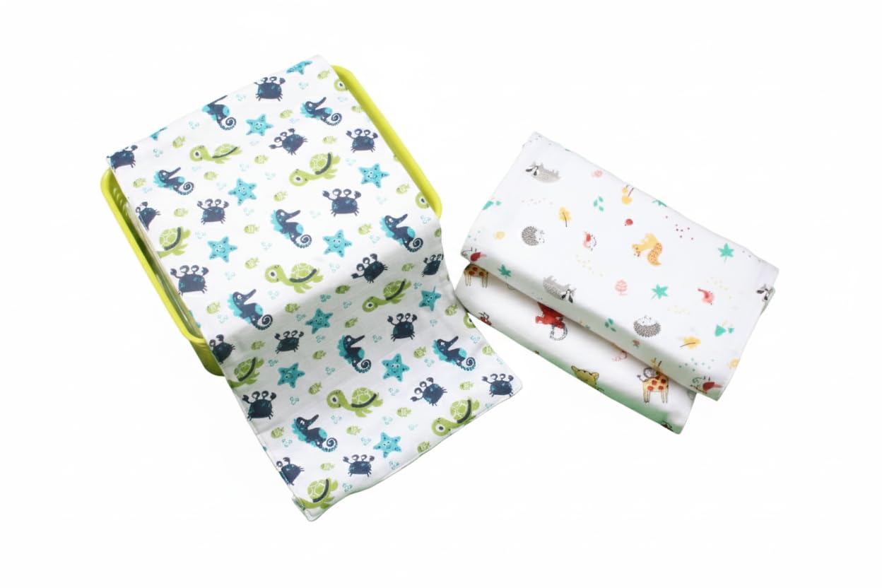 Hornbill Enterprises Muslin Face Hankies/Towels/wash Clothes for Newborn Baby Extra Soft Reusable Napkins for Infants Toddlers/Kids White Printed (18X10 inch) (3, White)-image-2