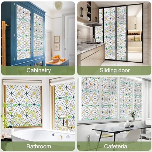Image of SUNBABY Stained Glass Window Film:301,3D Decorative Window Privacy Film,Window Decals,Non-Adhesive Heat Control Anti UV Vinyl Static Clings,17.1 x 118 Inches