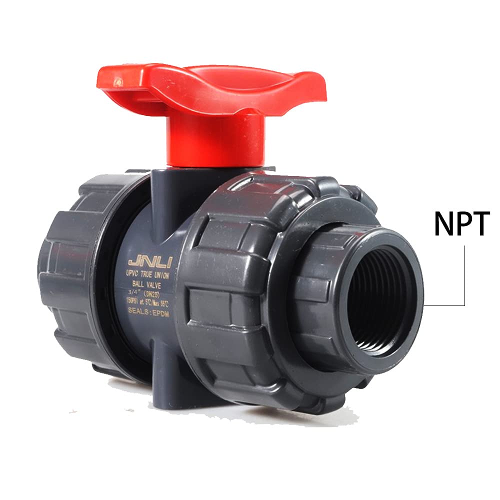 TOMEX 1-1/2 Inch (DN40) PVC True Union Ball Valve with Full Port, NPT F1970, EPDM O-Rings and Reversible PTFE Seats, Rated at 5℃/max 55℃ , Gray and Red