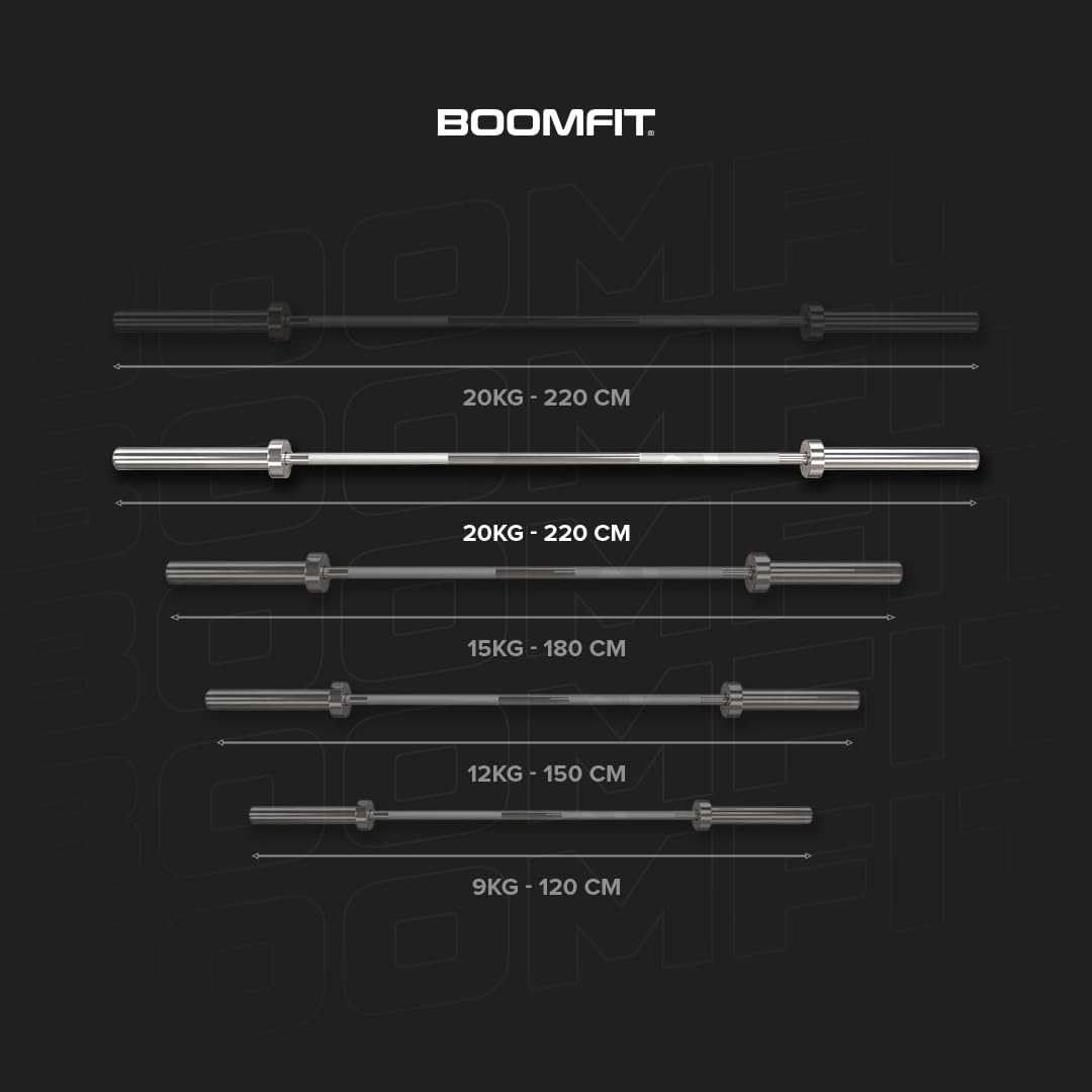 BOOMFIT Barras Olímpicas 9, 12, 15 y 20 kg | 120 a 220 cm, Mangas Ø50 mm | Acero con agarre estriado de 30 mm e interior de 81 a 130 cm | Incluye topes | Powerlifting, halterofilia y gym en casa