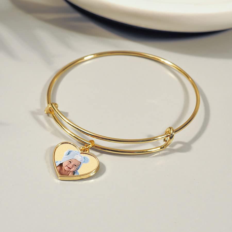 PicturesOnGold.com Expandable Engraved Charm Photo Bracelet with picture - One Size Fits All Personalized Photo Engraved Heart Bracelet - Stainless Steel or Yellow Gold Plated - Image 7