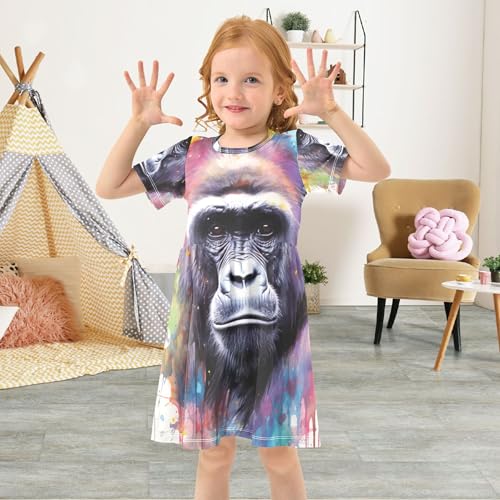 Toddler Dresses for Girls Gorilla Painting Flower Shirt Dress 2t Short Sleeve Little Girl Dress4