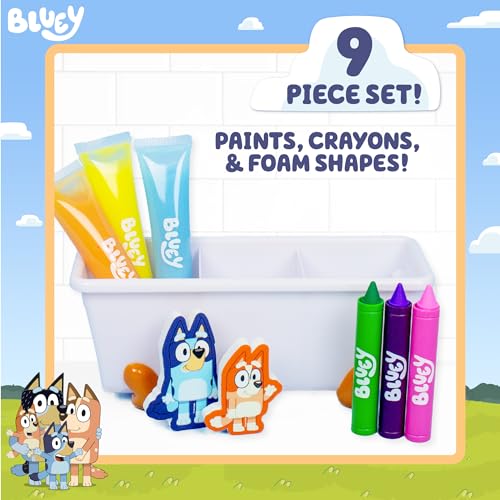 Bluey Bath Creations, 9-Piece Bluey Activity Set, Fun Bluey Bath Toys, Includes Washable Bath Paints, Bath Crayons, Bath Toy Storage, Bath Paint for Toddlers 1-3, Fun Bluey Gifts, Toddler Art Supplies