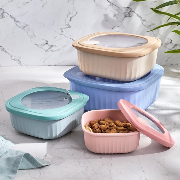 EVVIX Set of 4 Plastic Food Storage Container With Lids Airtight Cook& Store Mixing Bowl Set BPA-Free Plastic Bowl With Lids For Freezer Microwave Dishwasher Safe,Multicolor