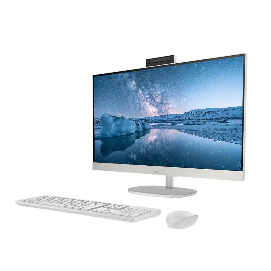 Image of HP 27 inch FHD Touchscreen All-in-One Desktop Computer, 12-core Intel Ultra 7 Processor, 64GB RAM 2.5TB Storage (2TB SSD+512GB Docking Set), Windows 11, Wireless Keyboard & Mouse, NLY Earphones, White