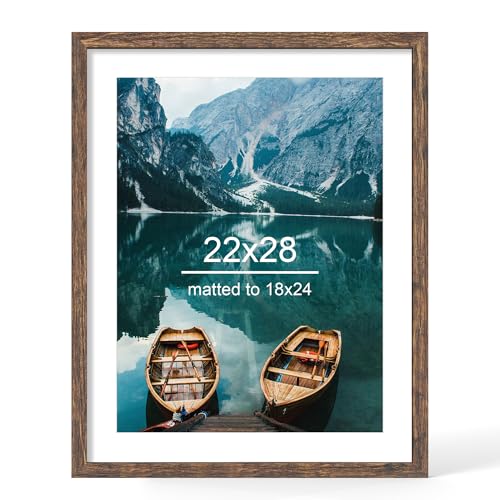 Hongkee 22x28 Frame Rustic Brown Wood Style - Display Posters 18 x 24 with Mat or 22x28 without Mat Wall Mounting Horizontal and Vertical 1 Pack