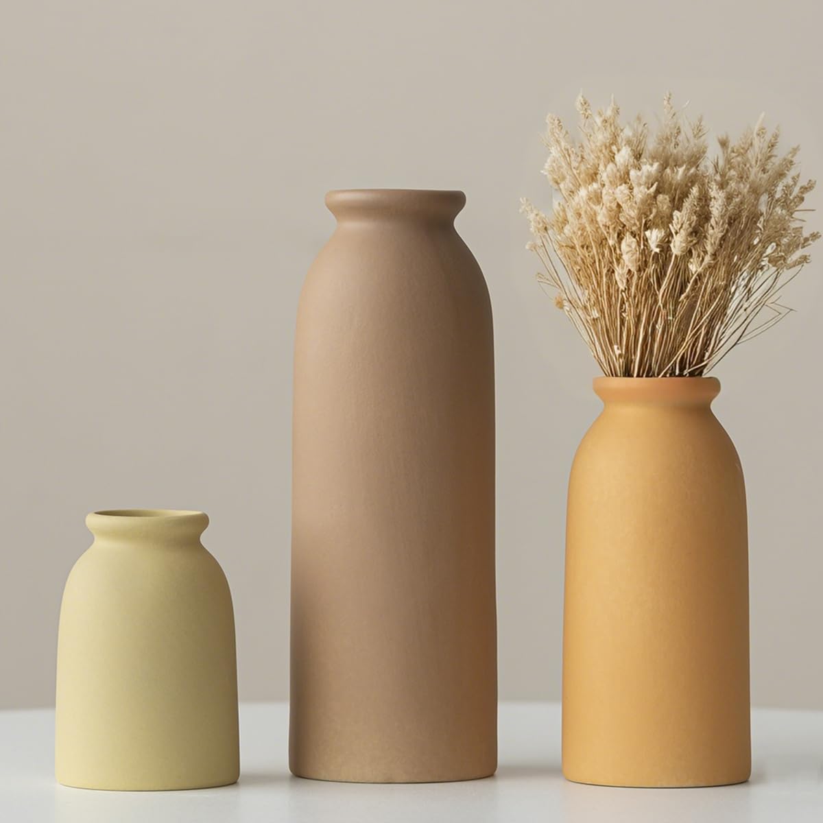 22 cm, juego de 3 jarrones de cerámica pequeños para decoración, naranja, amarillo, blanco (Light Coffee Middle)