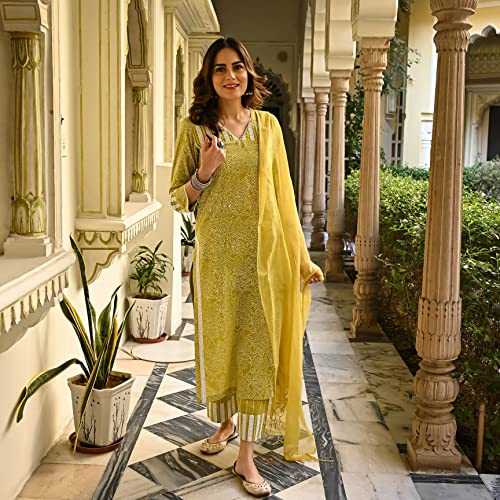 Image of Royal Export Women's Floral Printed Straight Kurta Pant Dupatta Set | Ethnic Kurta Set for Women | Cotton Blend 3 /4 Sleeve Regular Fit | Mustard