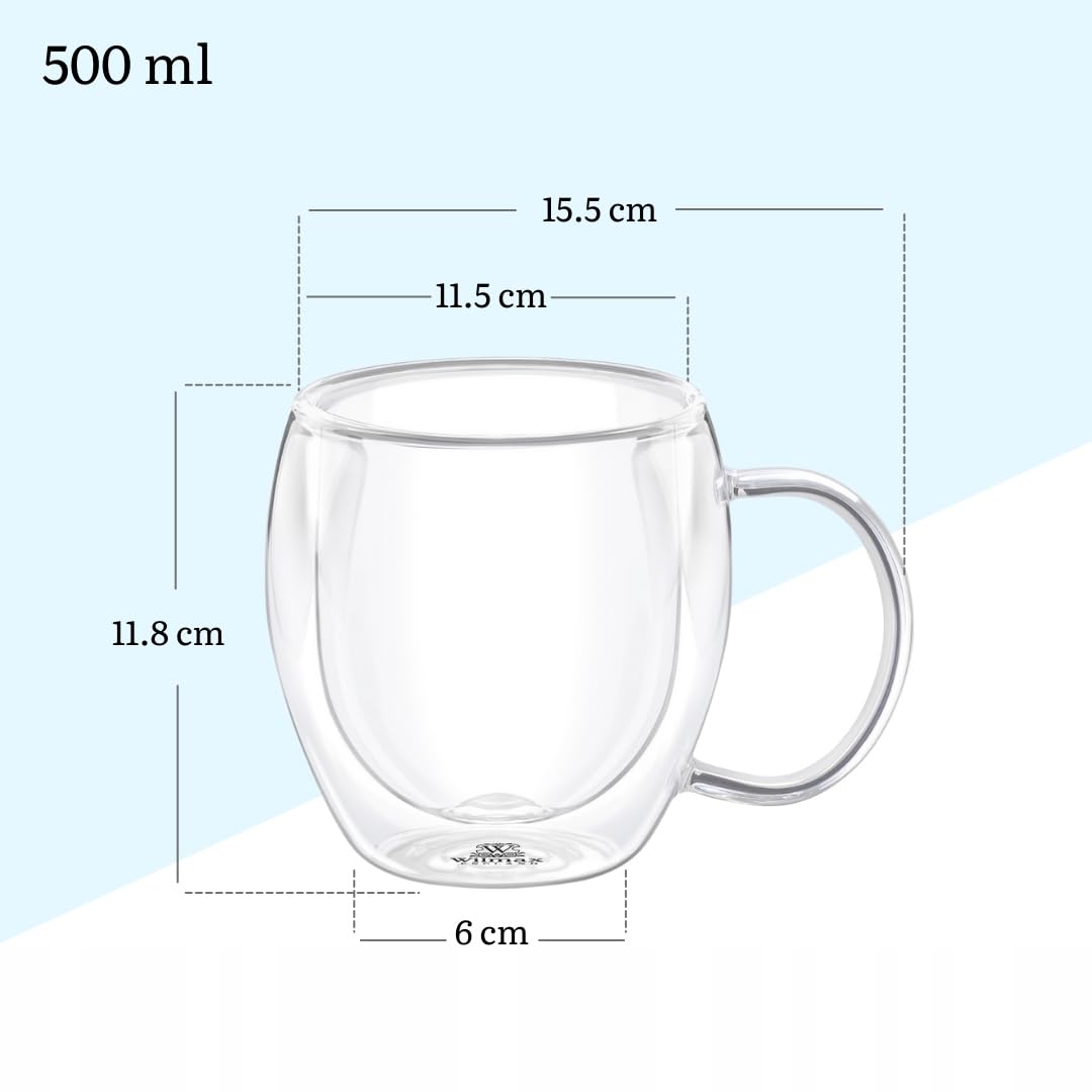 Wilmax | Doppelwandige Thermogläser mit Henkel | 4er-Set | 500 ml | Trinkgläser | Thermotassen | Teeglas | Latte Macchiato Gläser Set | Kaffeegläser | Cappuccino Gläser mit Henkel