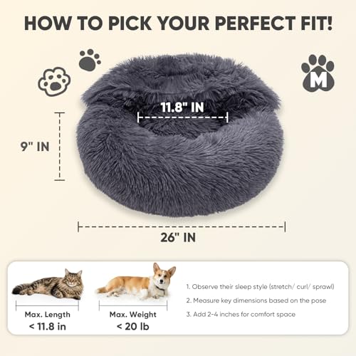 Image of Himax Medium Dog Bed, Round Dogs Beds with Blanket Attached, Comfort Fluffy Calming Dog Bed Washable (20 inch /26 inch /35 inch) Deep Grey