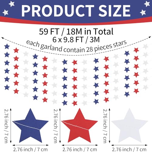 Image of Patriotic Star Garland Red White and Blue Banner Streamers - 59 FT 6 Strands - Patriotic Decorations for 4th of July, 250th Anniversary, Independence Day, Labor Day, Veterans Day