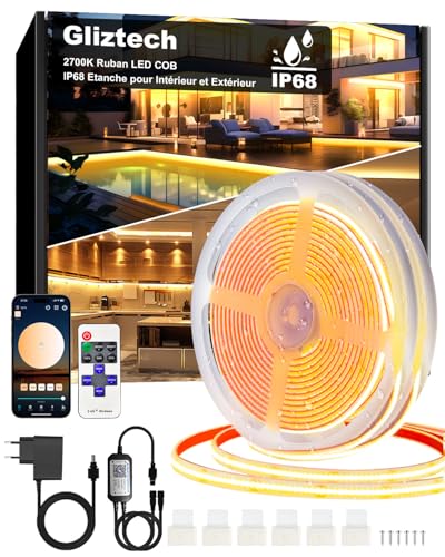 Ruban Led Cob 30M(2*15M) Exterieur IP68 Etanche, Bande LED Blanc Chaud Autocollante 2700K, Alimentation 24V Led Cob Application et Télécommande pour Avant Toit Jardin Piscine Terrasse Cuisine